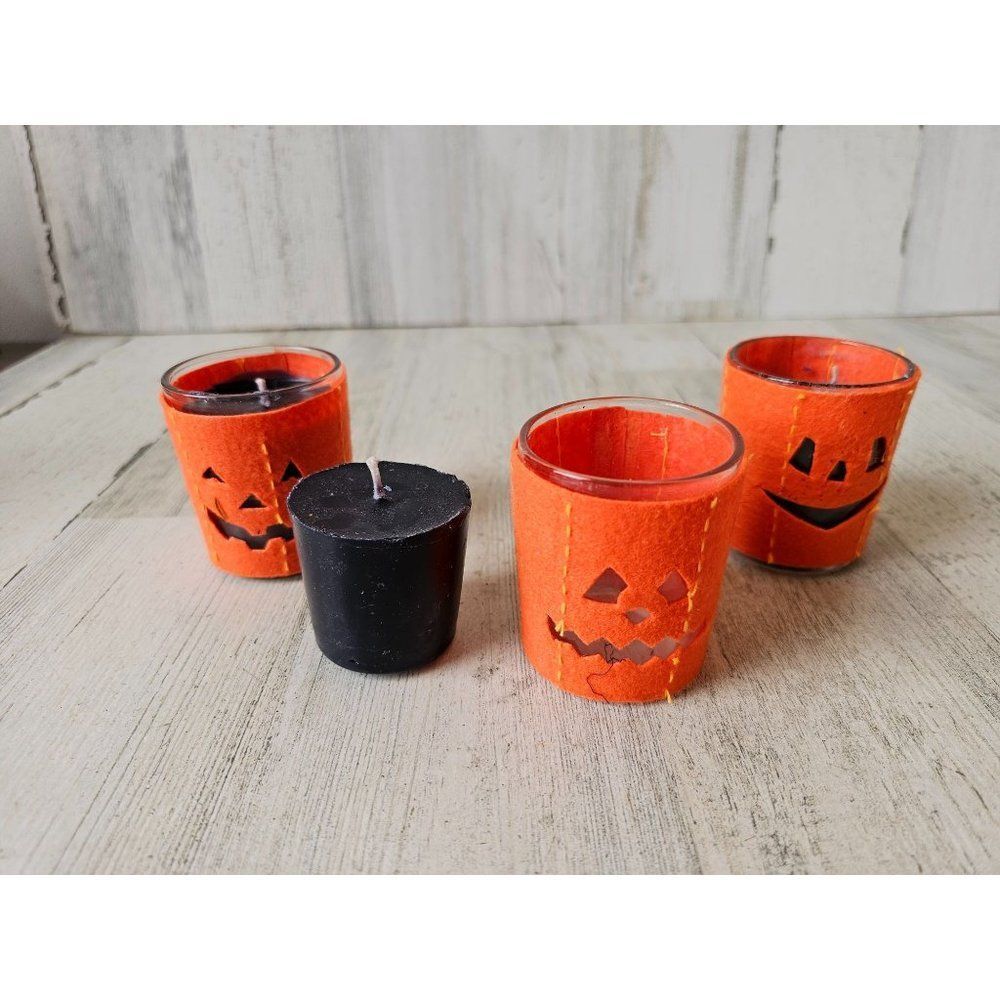 Shabby chic Halloween votive‎ pumpkin jack-o'-lantern decor candle holder